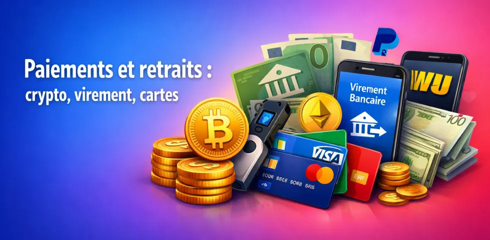 Paiements et retraits : crypto, virement, cartes